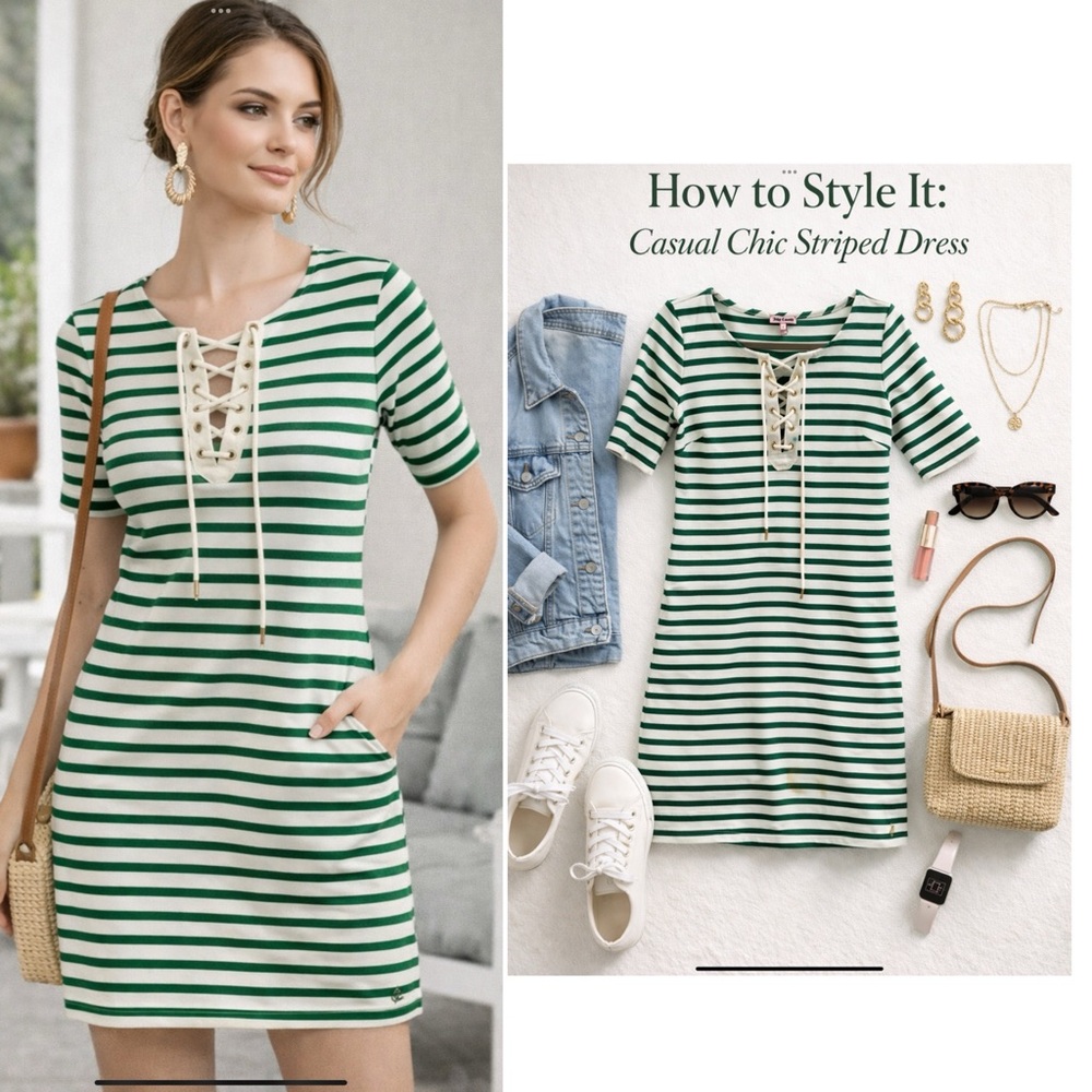 Juicy‎ Couture Green & White Stripe Lace-Up Mini Dress Casual Preppy Coastal SM